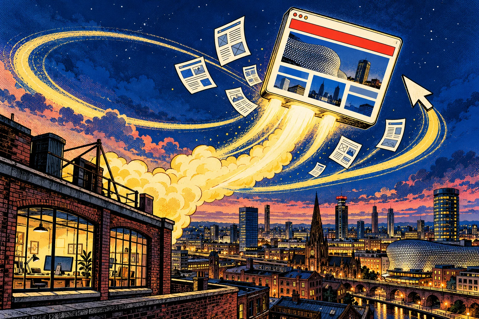 An illustrated browser launching above a British city skyline.