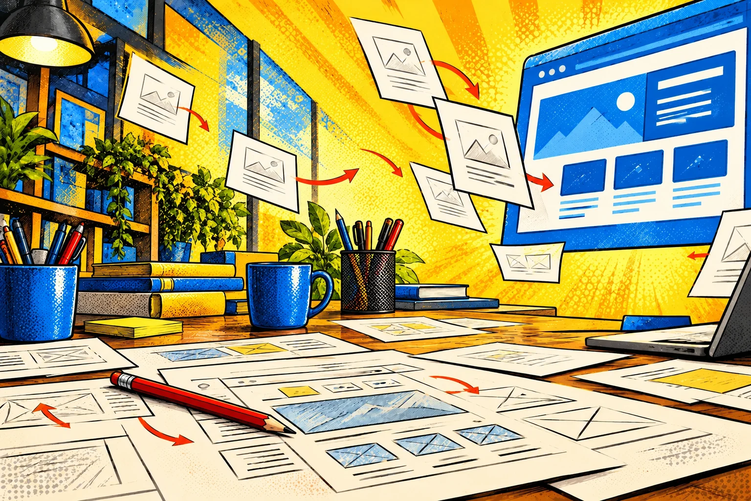 A bright comic web-design studio with browser sketches, a red pencil and ideas taking shape.