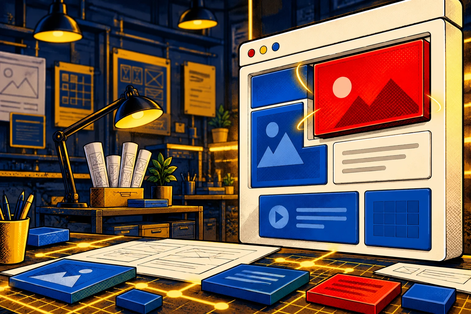 A dimensional browser being assembled from content panels in an illustrated web workshop.