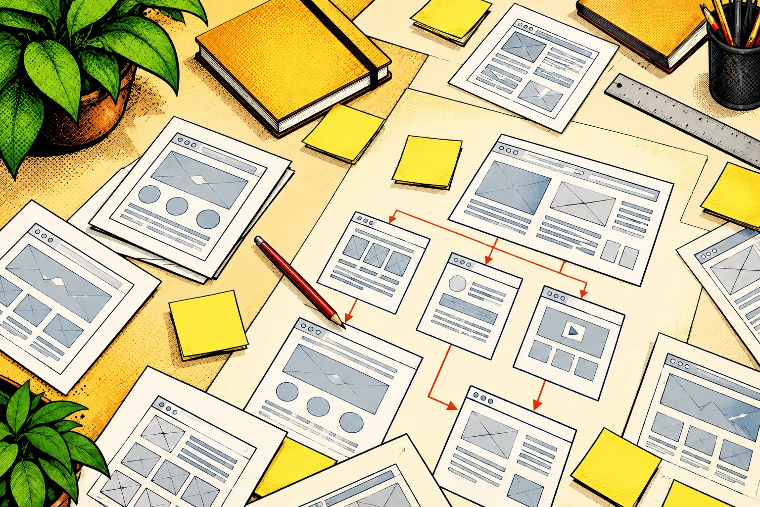 A comic planning desk with website wireframes, connected page plans and a red pencil.