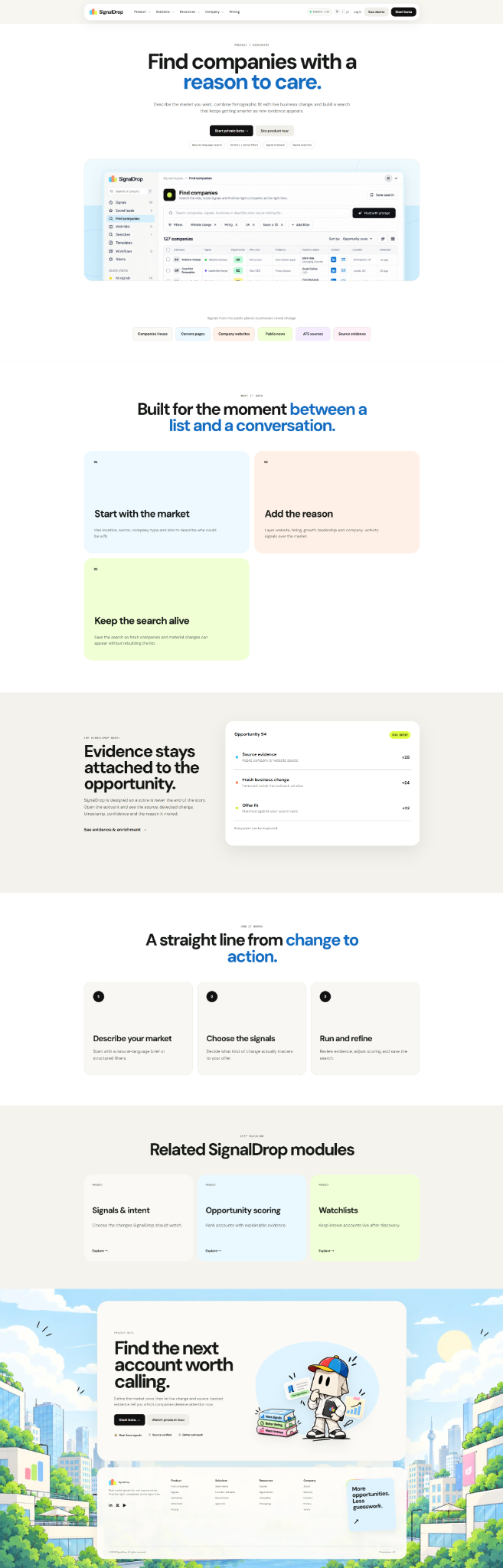 SignalDrop company-finder product page and interface