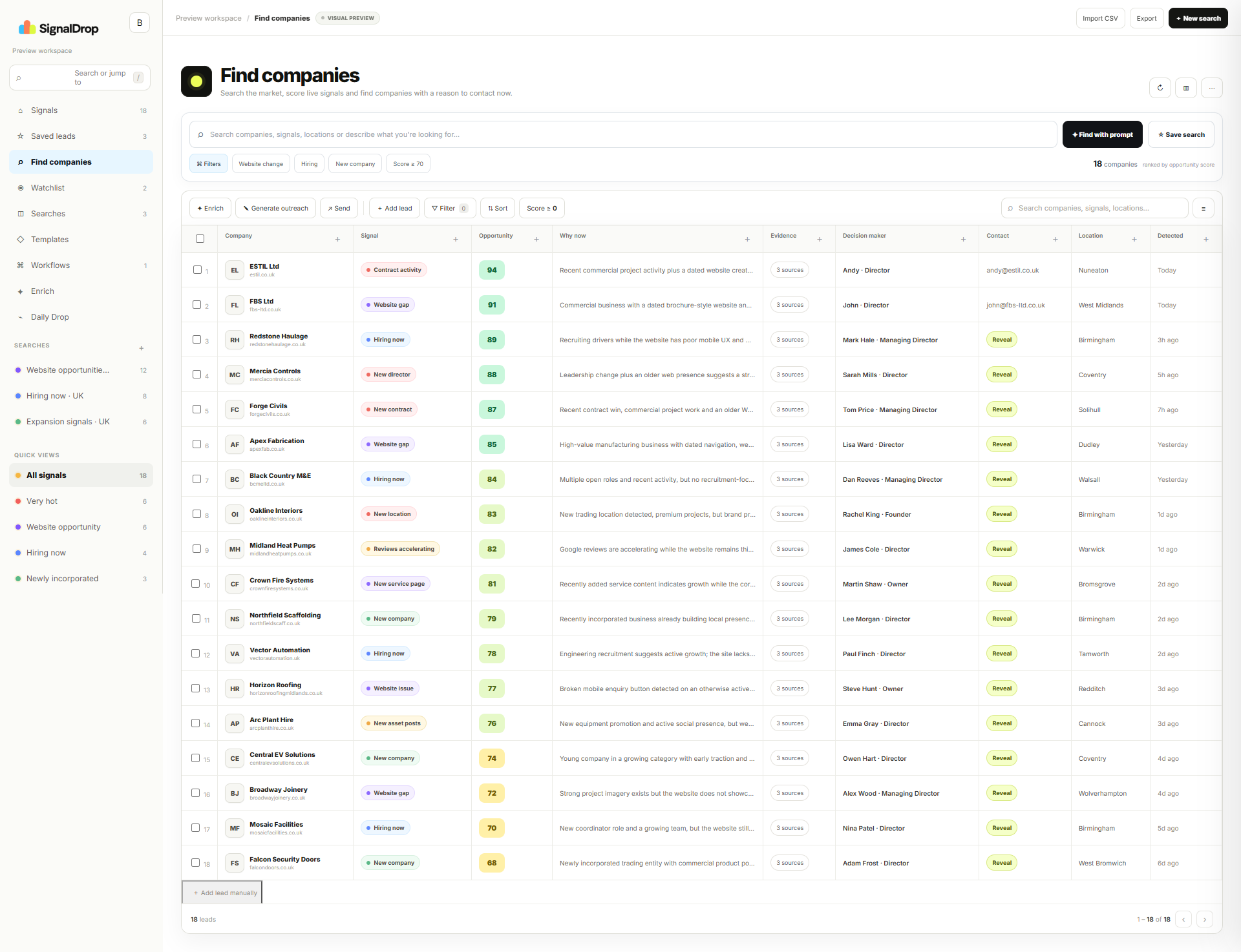 Company finder / full dashboard preview for SignalDrop
