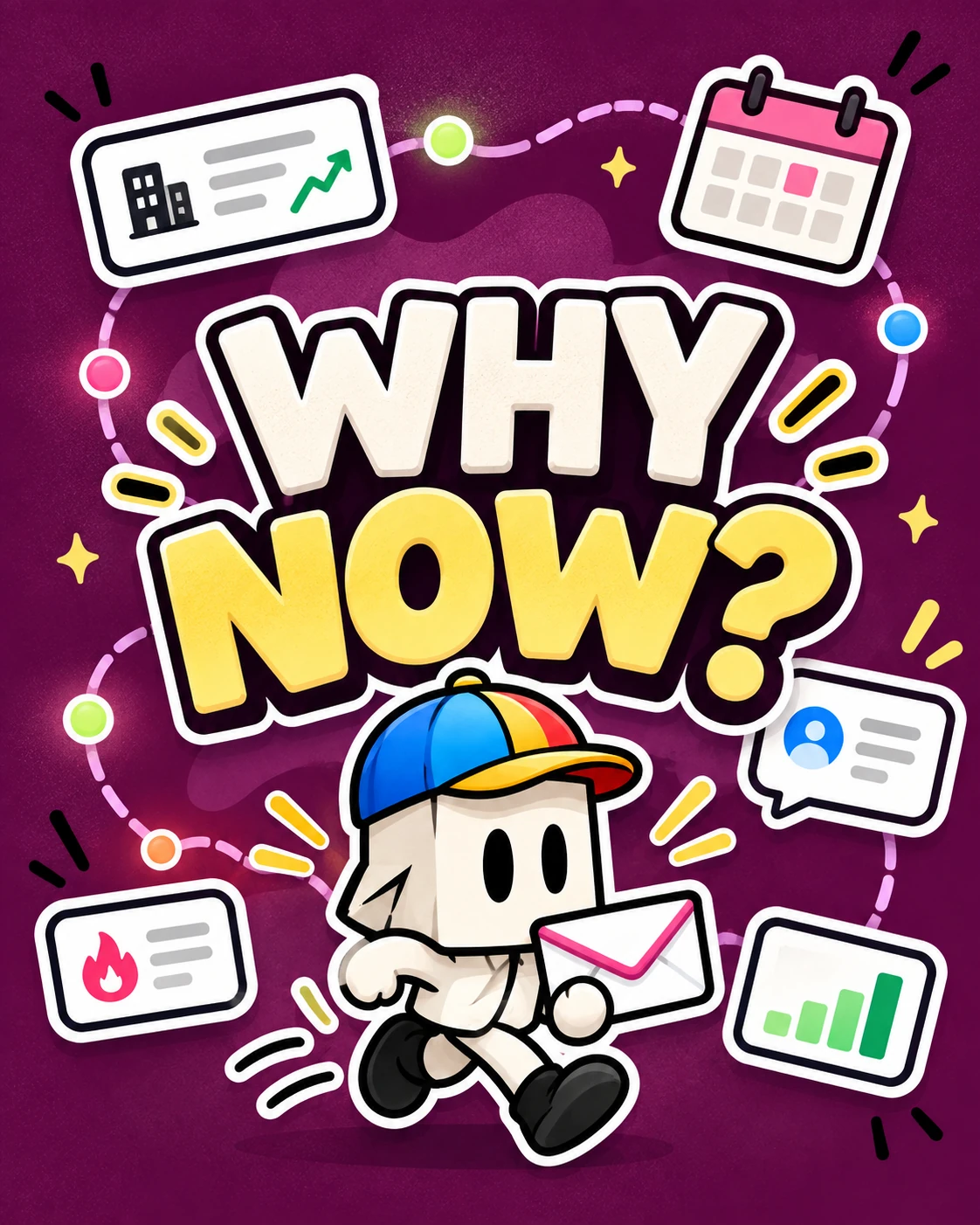 SignalDrop Why Now illustration with its character and business-change symbols